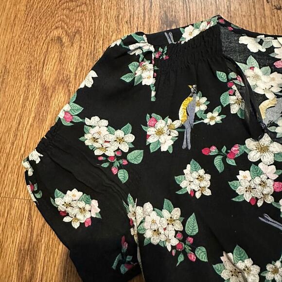 Louche black floral bird v neck short sleeve midi dress size 10 unlined - Picture 5 of 10